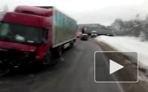 Страшные кадры из Карелии: На трассе "Кола" иномарка столкнулась с двумя грузовиками, два человека погибли