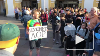 Видео: на акции у Гостиного двора задержали протестующего с плакатом "Пудинг лор"