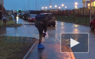 Видео: жители Мурино с пакетами на ногах переходят подтопленный двор